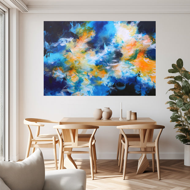 Dining room with a wooden table and chairs, colorful abstract painting on the wall, and a plant.