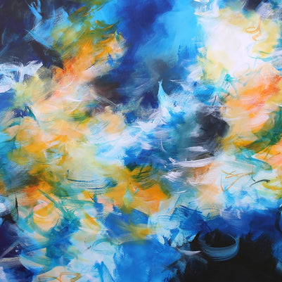 Abstract painting with vibrant colors on a dark background