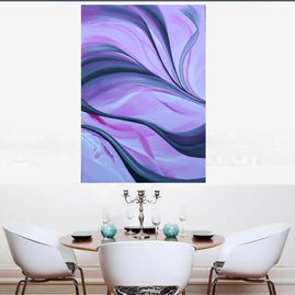 Abstract purple and blue painting above a dining table with chairs.