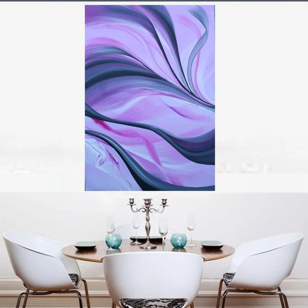 Abstract purple and blue painting above a dining table with chairs.