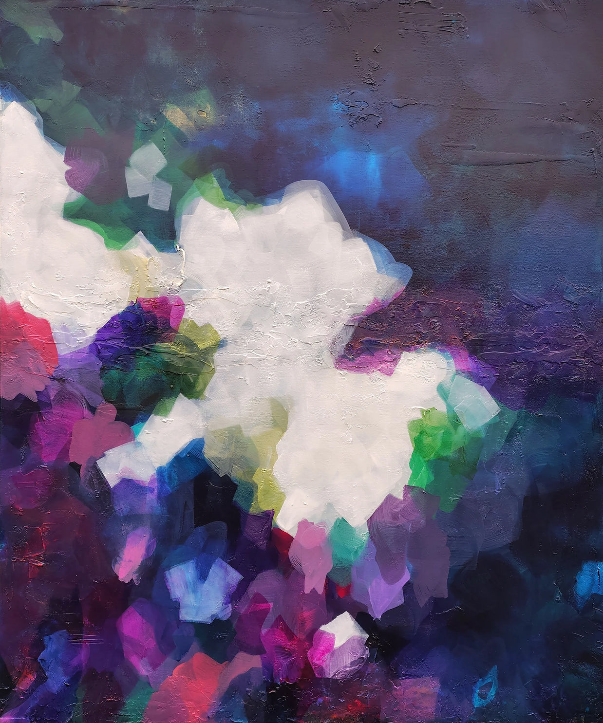 Abstract painting with a central white area surrounded by colorful, cloud-like shapes on a textured dark background.