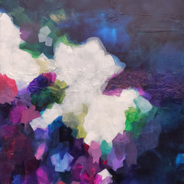 Abstract painting with a central white area surrounded by colorful, cloud-like shapes on a textured dark background.