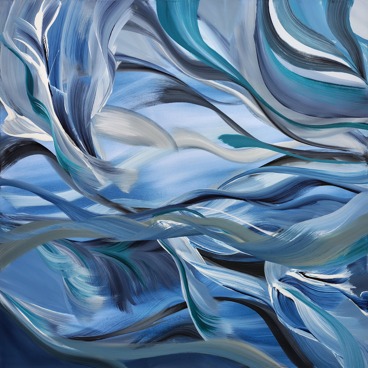 Abstract blue and white painting with flowing, wave-like brushstrokes and layered curved forms.
