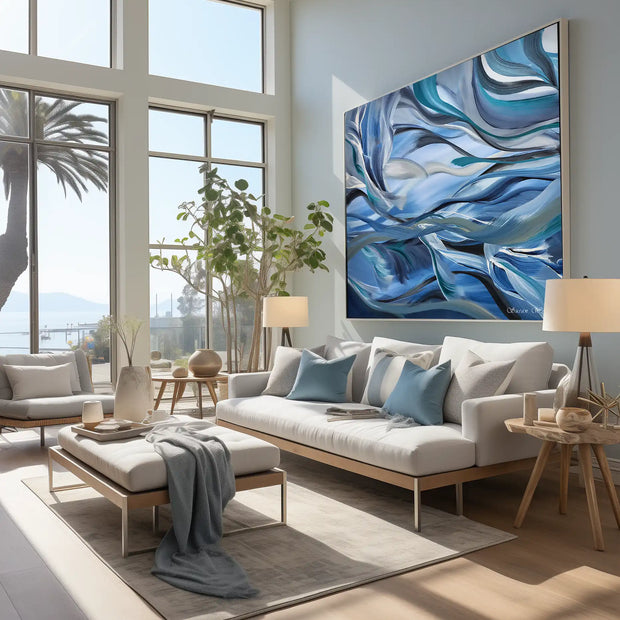 A large framed abstract canvas print with swirling blue, white, and teal waves hangs on a light gray wall above a modern white sofa in a bright, contemporary living room.
