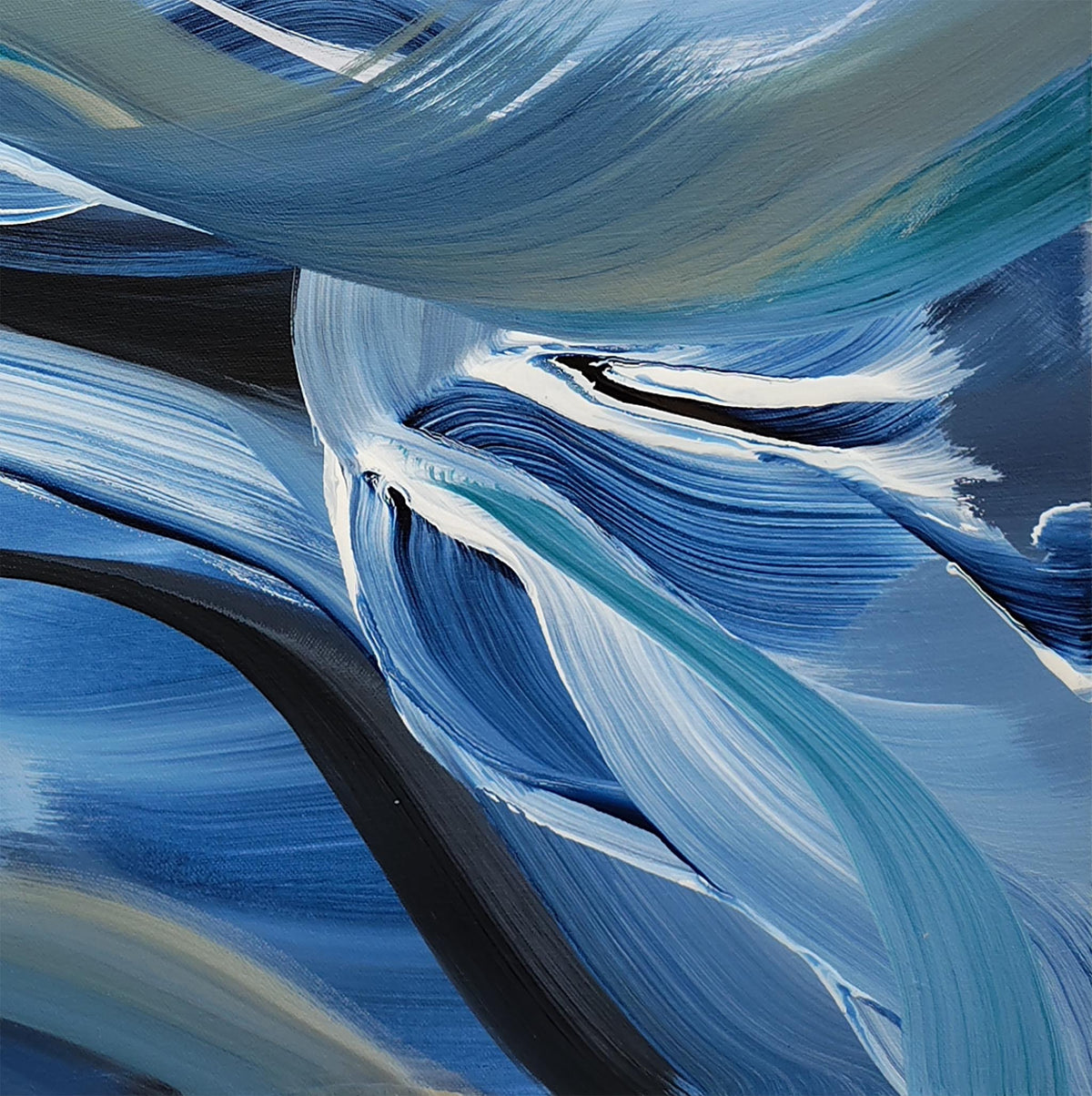 Abstract blue and white painted composition with sweeping brushstrokes and layered wave-like forms on a square canvas.