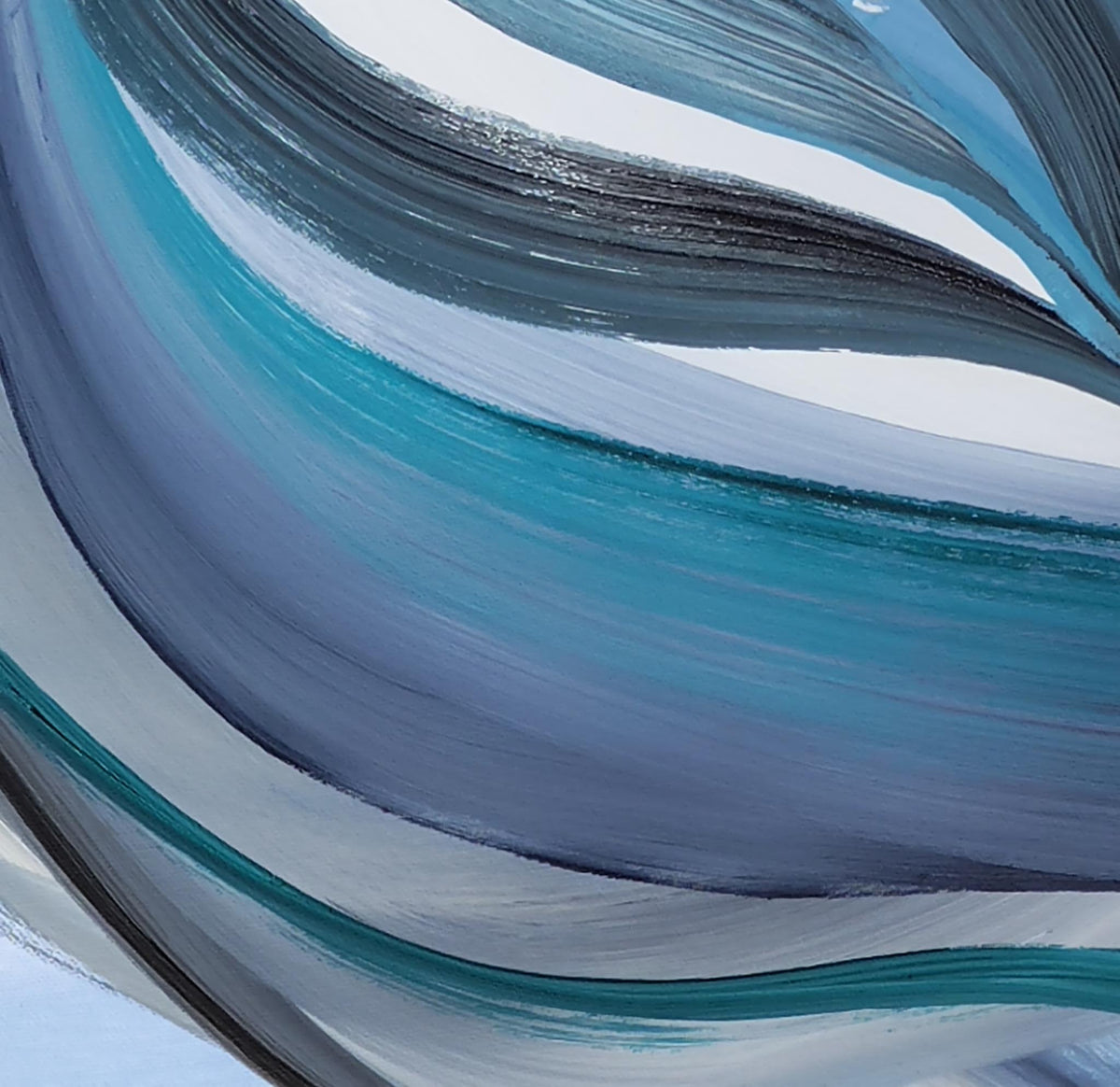 Abstract fluid art print featuring sweeping brushstrokes of teal, blue, gray, white, and black.