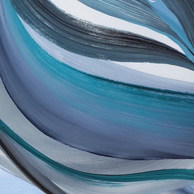 Abstract fluid art print featuring sweeping brushstrokes of teal, blue, gray, white, and black.
