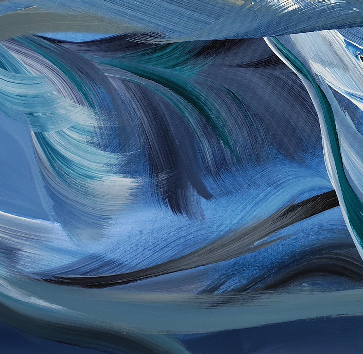 Abstract blue and teal painted brushstrokes with layered swirls of navy, light blue, white, and gray, filling the frame.