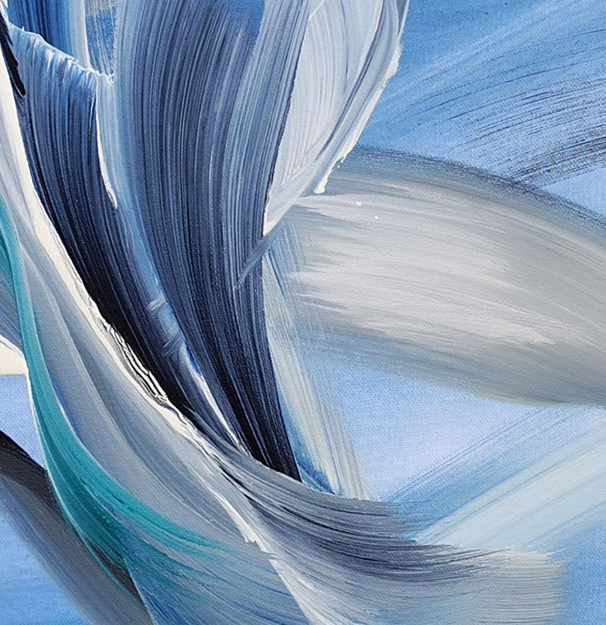 Abstract blue and white painted brushstrokes forming flowing, wave-like shapes on a square canvas.