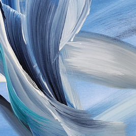 Abstract blue and white painted brushstrokes forming flowing, wave-like shapes on a square canvas.