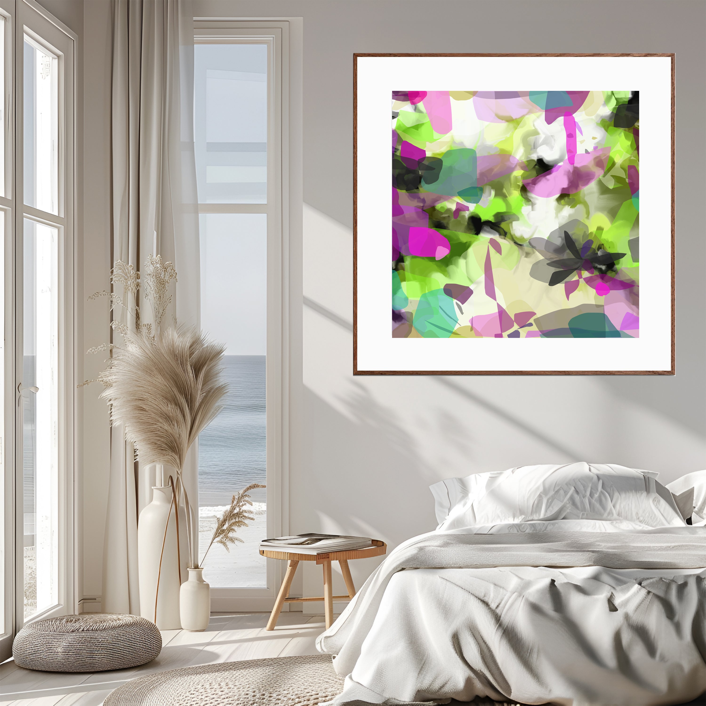 Colorful abstract art print on a wall in a bedroom with a bed and window.
