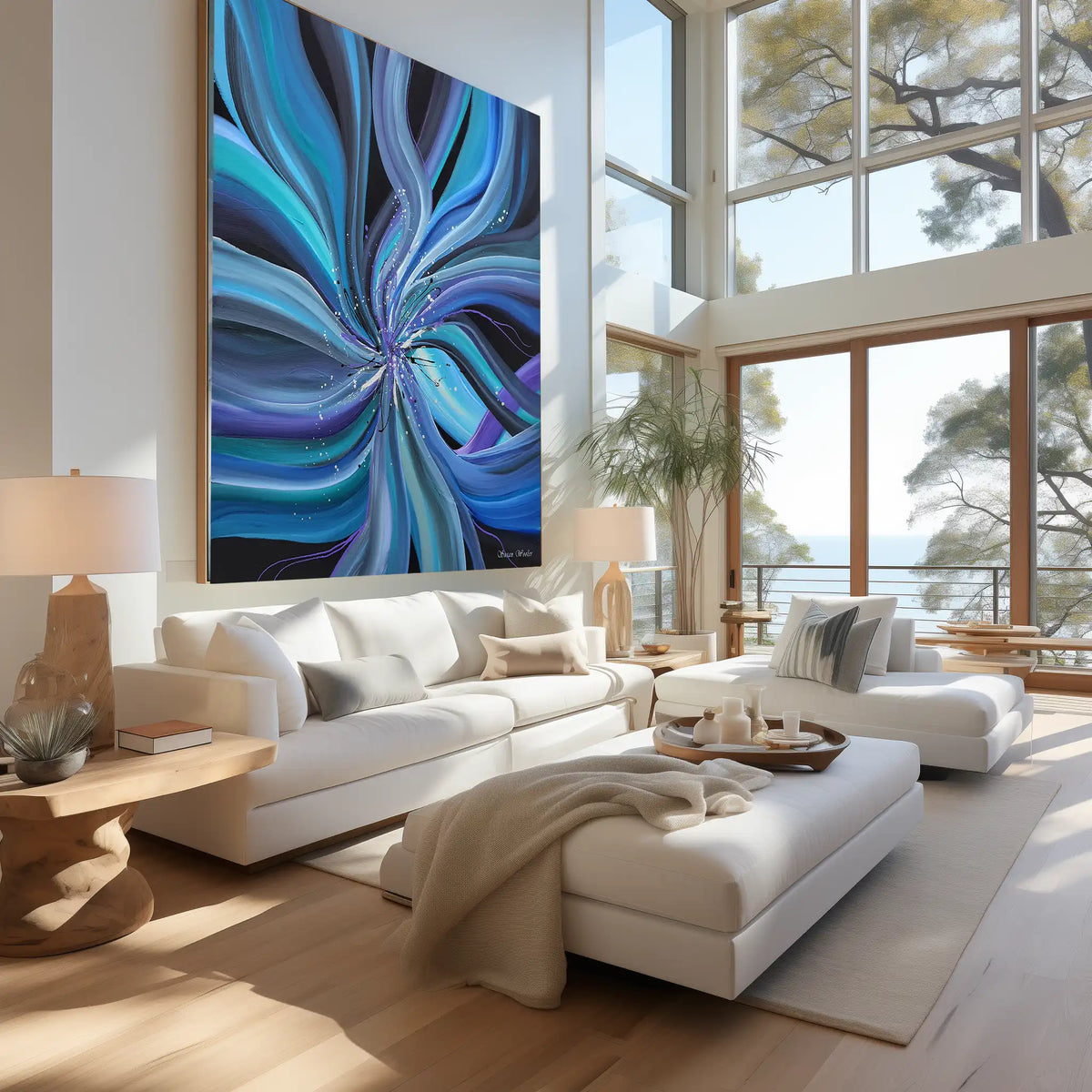 A large vertical abstract canvas print with swirling blue, teal, and purple waves hangs on a white wall in a bright modern living room with white sofas, wood floors, and large windows overlooking water.