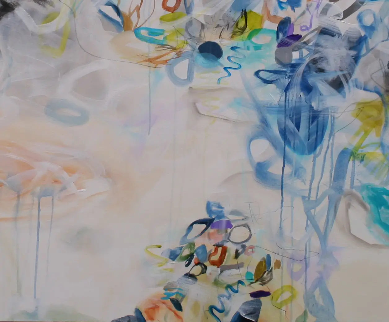 Abstract artwork with colorful brush strokes on a light background