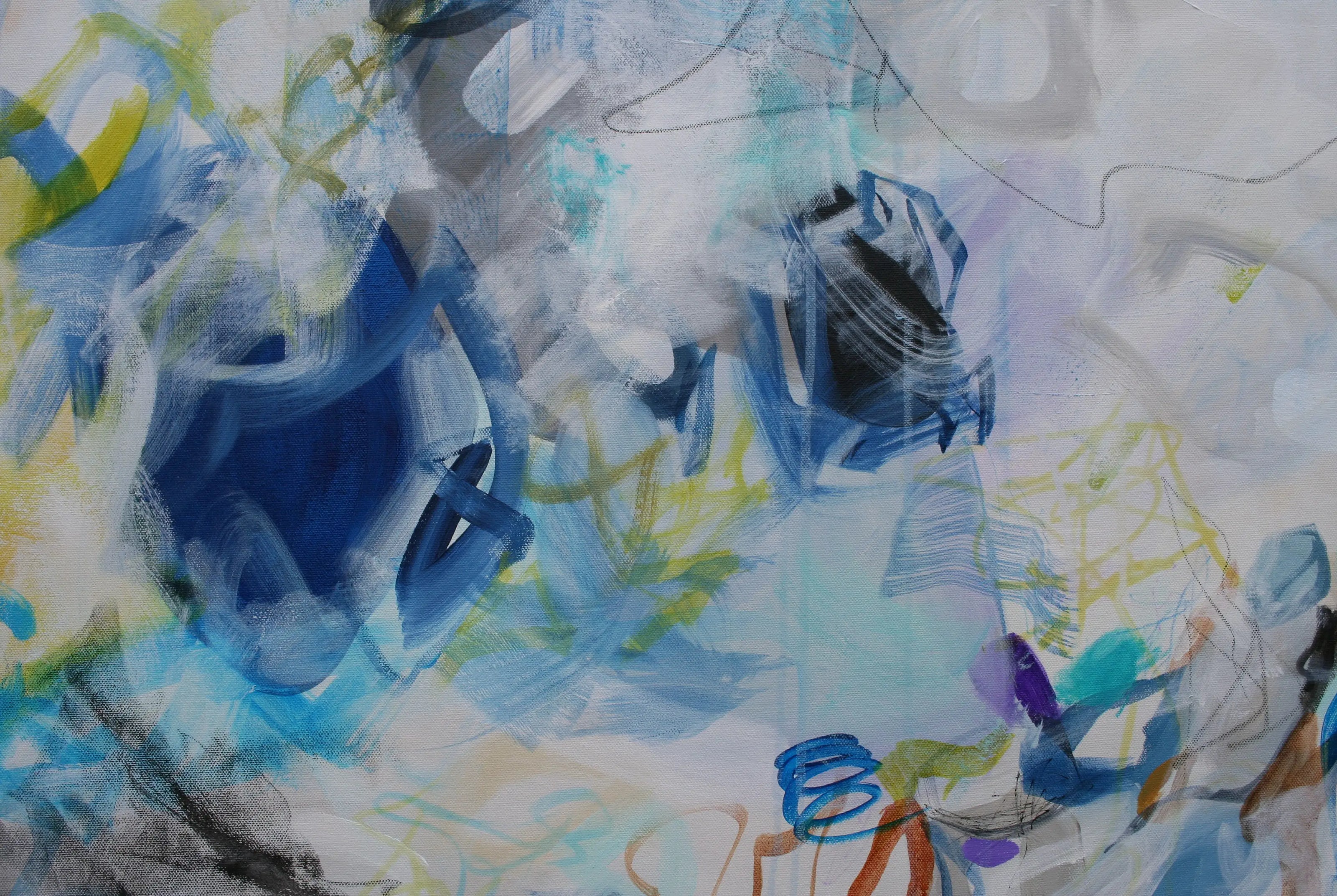 Abstract art with blue shapes and colorful brush strokes on a white background