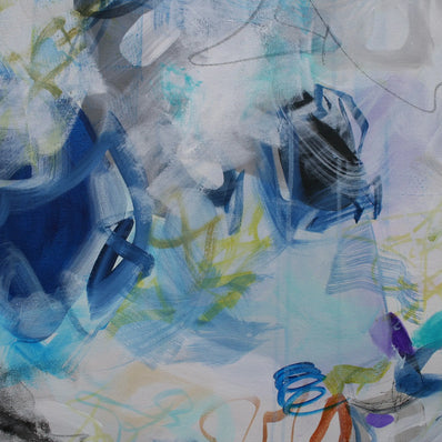 Abstract art with blue shapes and colorful brush strokes on a white background