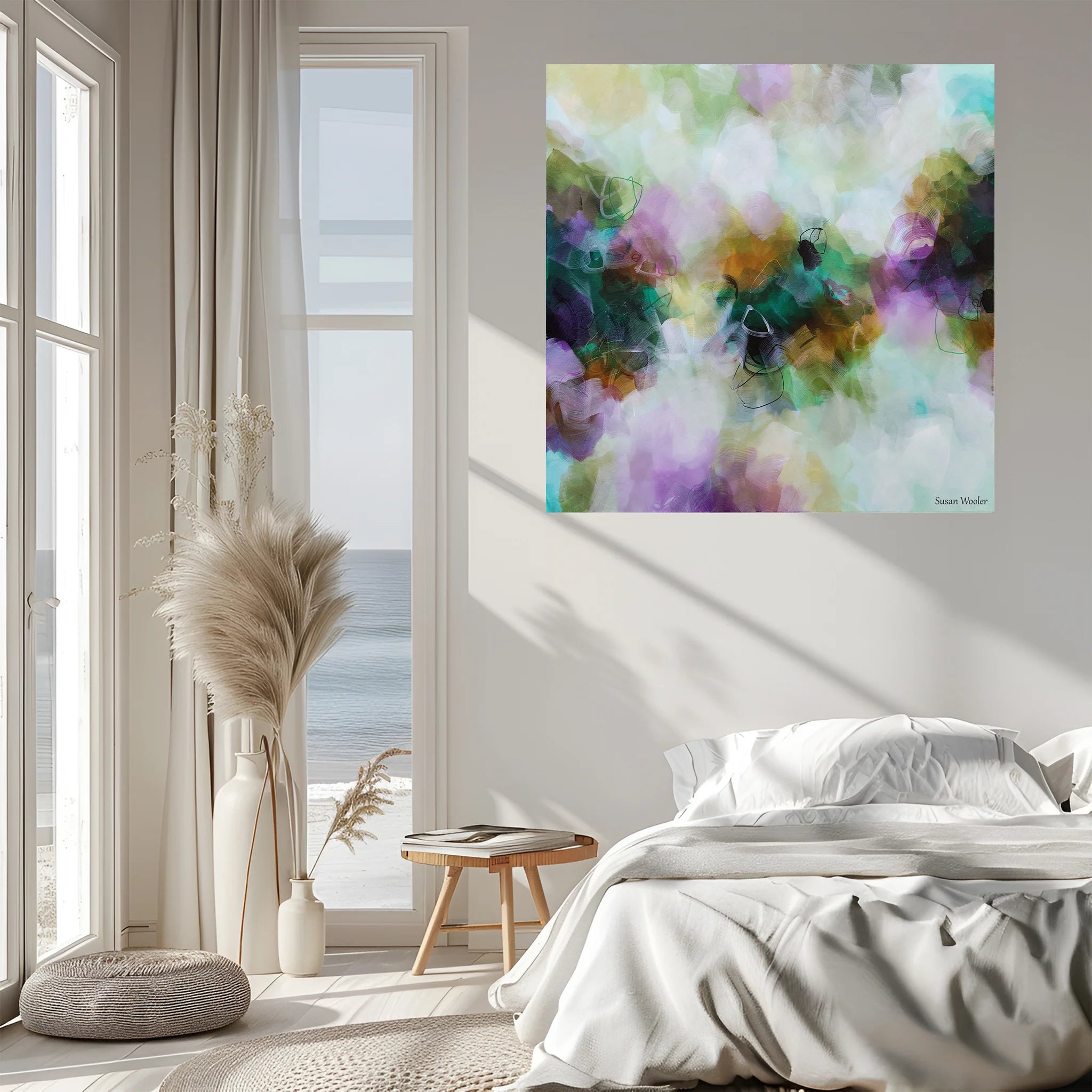 Modern bedroom with a colorful abstract painting on the wall