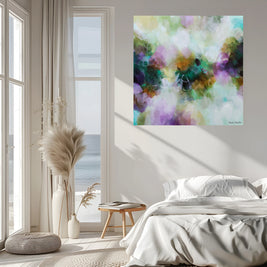 Modern bedroom with a colorful abstract painting on the wall