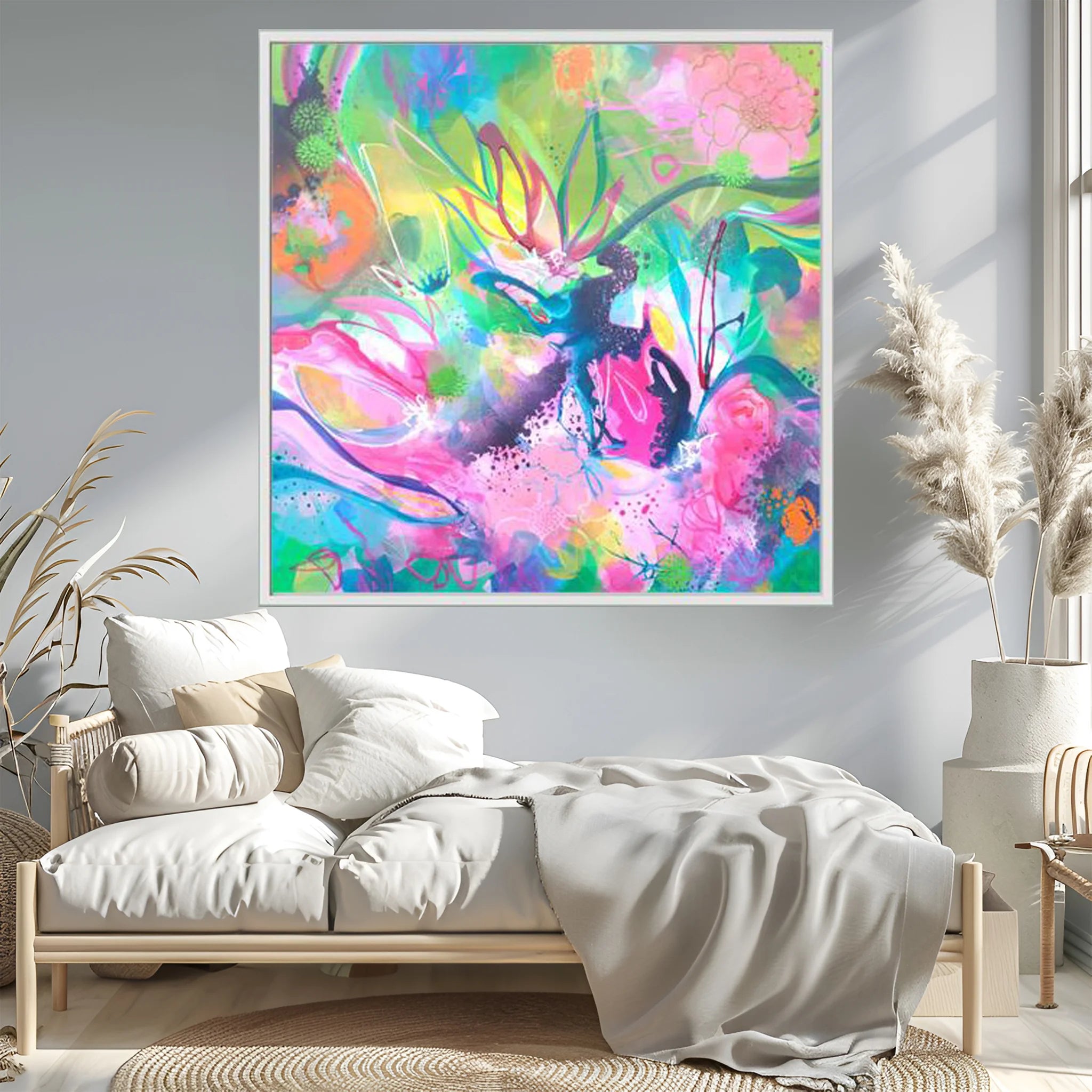 Colorful abstract painting above a bed in a bedroom